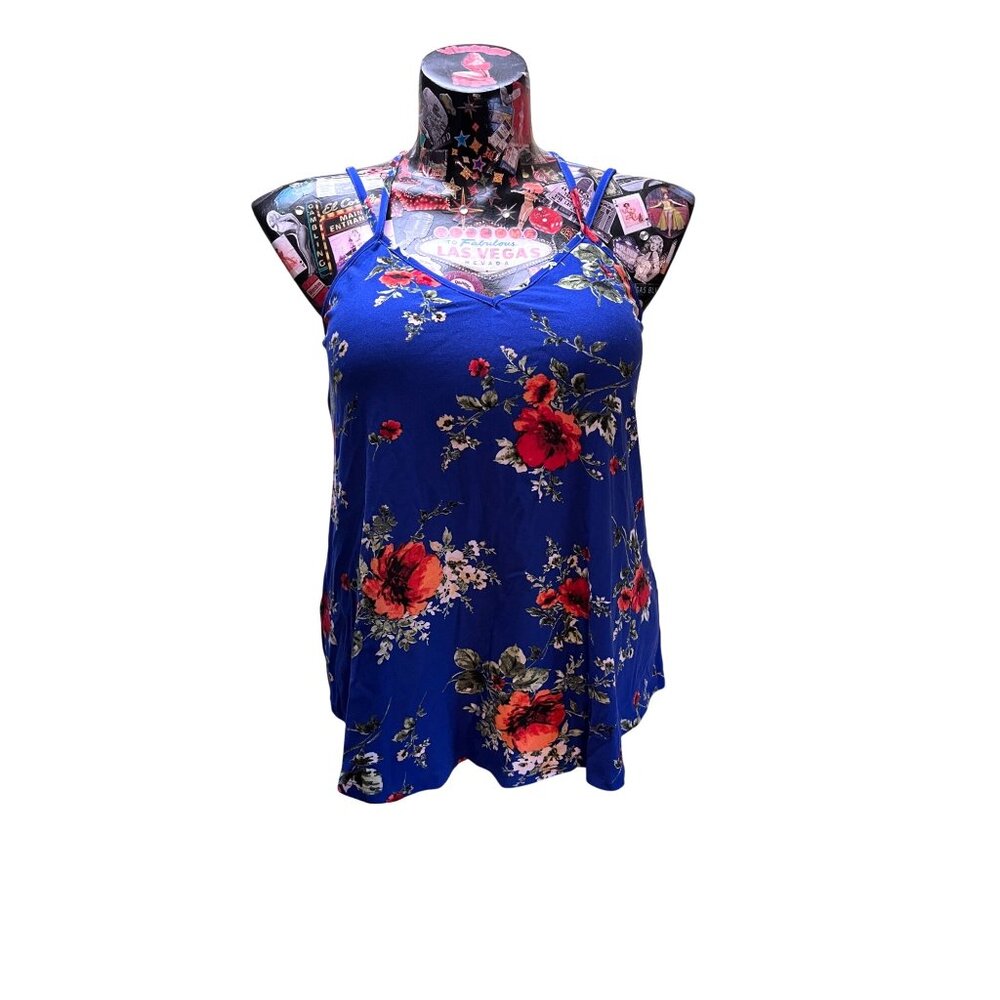 Papermoon Basima Blue Floral Print Tank Top With Strappy Back Details Size L